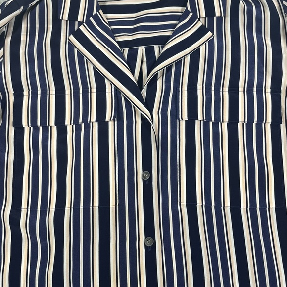 Lafayette 148 NY 100% Silk Blouse Navy Beige White Striped Long Sleeves W SZ M - Picture 4 of 8